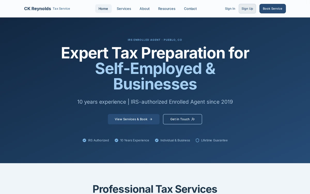 Home page of the CK Reynolds Tax Service website, part of the platform I built